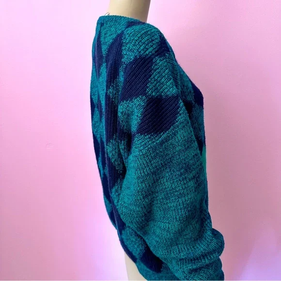 Vintage Women's XL Grunge 90's Green and Pink Argyle Sweater - Picture 5 of 8